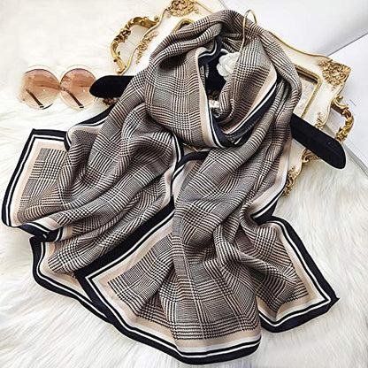 100% Mulberry Silk Long Scarf for Women Large Shawls for Headscarf and Neck- Oblong Hair Wraps with Gift Packed - color: Check-earth Tone