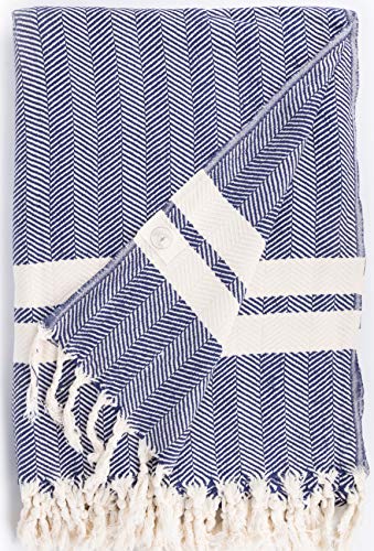 Bersuse 100% Cotton Herringbone XL Throw Blanket for Couch - 100% Cotton Lightweight Durable Throw Blanket, Big Blanket for Sensitive Skin, Decorative and Versatile - 63x94 Inches, Dark Blue
