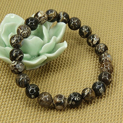 Amandastone Natural Gemstone 8mm Round Beads Stretch Bracelet 7 Inch - color: Cowry Fossil