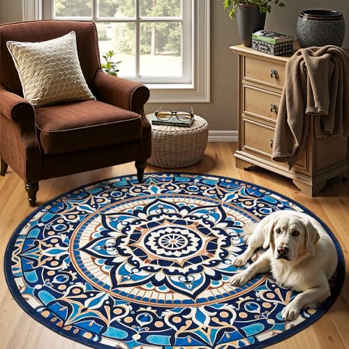 jinchan Mandala Round Rug 6ft Blue Boho Washable Rug Moroccan 6' Round Modern Peaceful Circle Rug Soft Non Slip Low-Profile Carpet for Living Room Bedroom Dining Room Patio, Golden Navy - color: Golden Navy, size: 6' (Round)