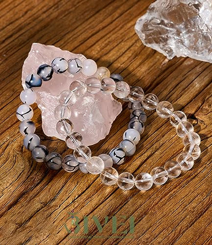 Bivei Natural Gemstone Semi Precious Healing Crystals Handmade Stretchy Round Beads Bracelet,Stocking Stuffers for Women Enhance Positive Energy - color: 8mm Clear Quartz & Dragon Vein Agate (Master Healer), size: Medium: 6.8-7.24 inch