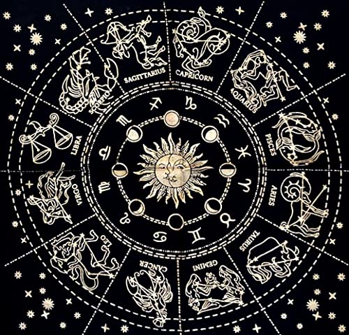 INDACORIFY Golden Zodiac Constellation Altar Table Top Cloth with Fringes Alter Tarot Witchcraft Spread Witchery Supplies Table Cloth 18x18 in (Golden Zodiac Constellation) - color: Golden Zodiac Constellation