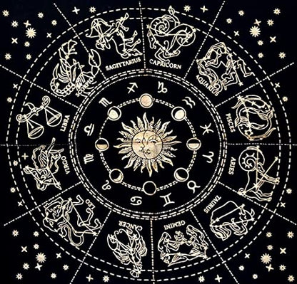 INDACORIFY Golden Zodiac Constellation Altar Table Top Cloth with Fringes Alter Tarot Witchcraft Spread Witchery Supplies Table Cloth 18x18 in (Golden Zodiac Constellation) - color: Golden Zodiac Constellation