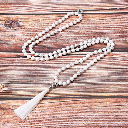 108 Mala Beads Necklace Semi-Precious Gem Stones Meditation Necklace 108 Hand Knotted Japa Mala Beaded Tassel Necklace with Tree of Life Pendant - color: Natural White Howlite