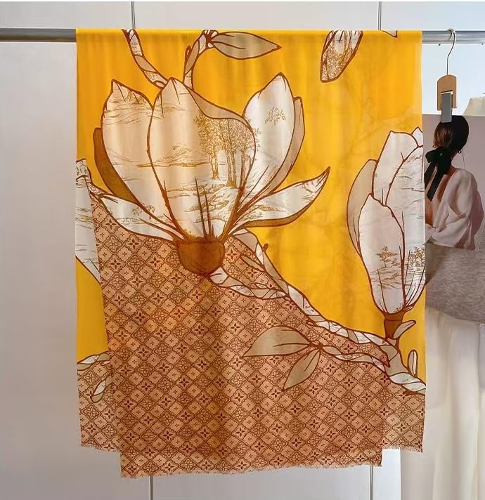 Cashmere-soft Mercerized wool Shawl Pashmina Lightweight Travel Wrap & Evening Scarf |Office |Wedding - color: Flower Shadow Lemon Yellow