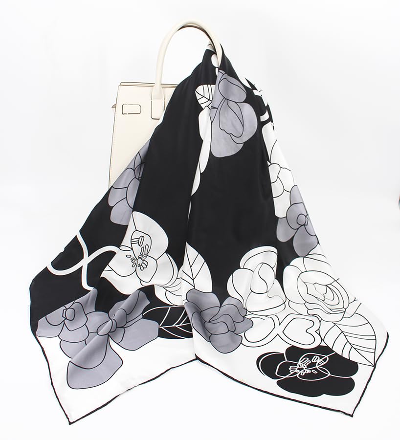 ANDANTINO 100% Silk Scarf 43" Large Square Lightweight Headscarf& Shawl–Women Hair Wraps-With Gift Packed - color: Black&white-flowers