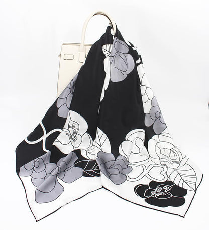 ANDANTINO 100% Silk Scarf 43" Large Square Lightweight Headscarf& Shawl–Women Hair Wraps-With Gift Packed - color: Black&white-flowers