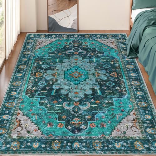 Ciicool 4x6 Rugs,Boho Machine Washable Area Rug for Living Room,Non-Slip Vintage Ultra-Thin Throw Distressed Large Low-Pile Carpet for Dining Room Office Living Room Kitchen - color: Teal/Multi, size: 4' X 6' (Rectangular)