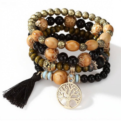 Bohemian Layered Wood Bead Bracelet Set, Elastic Stackable Bracelets with Tree of Life Charm & Tassel - color: Black