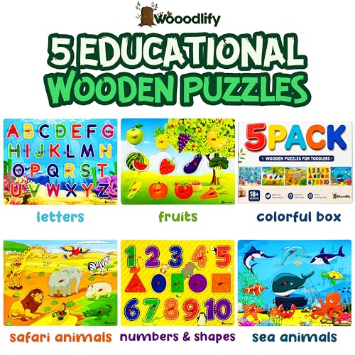 5 Pack Wooden Peg Puzzles for Toddlers 1-3 - Toddler Puzzles with Alphabet Numbers & Animals — Baby Wood Puzzle Gift - Puzzles for Toddlers 2-4 - Puzzles for Kids Ages 3-5 Learning Toys Boys and Girls