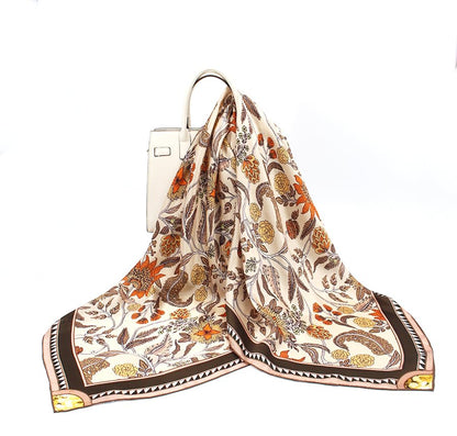 ANDANTINO 100% Silk Scarf 43" Large Square Lightweight Headscarf& Shawl–Women Hair Wraps-With Gift Packed - color: Floral-light Brown