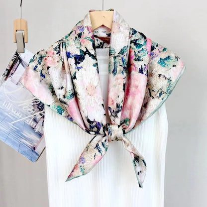 ANDANTINO 100% Pure Mulberry Silk Scarf 35" Large Square Lightweight Headscarf –Women’s Hair Wraps-With Gift Packed - color: Pink&green-twill
