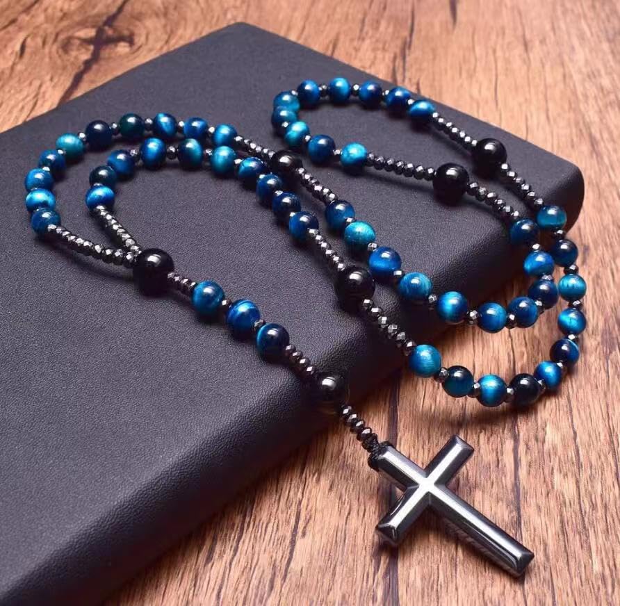 LIYAPEI Triple Protection Necklace with Tiger Eye, Obsidian, and Hematite - Stylish Men's Cross Necklace and Women's Y-Shaped Sweater Chain An Anxiety Relief Beaded Necklace. - color: Tiger Eye Blue
