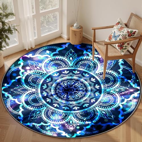 Mandala Round Rug, 3.3ft Bohemian 3D Floral Cool Circle Mat, Washable Non-Slip Indoor Carpet, Ethnic Style Geometric Blue Area Rugs for Living Room, Bedroom, Computer Chair and Yoga Mat - color: Star 4, size: 3.3'/40''