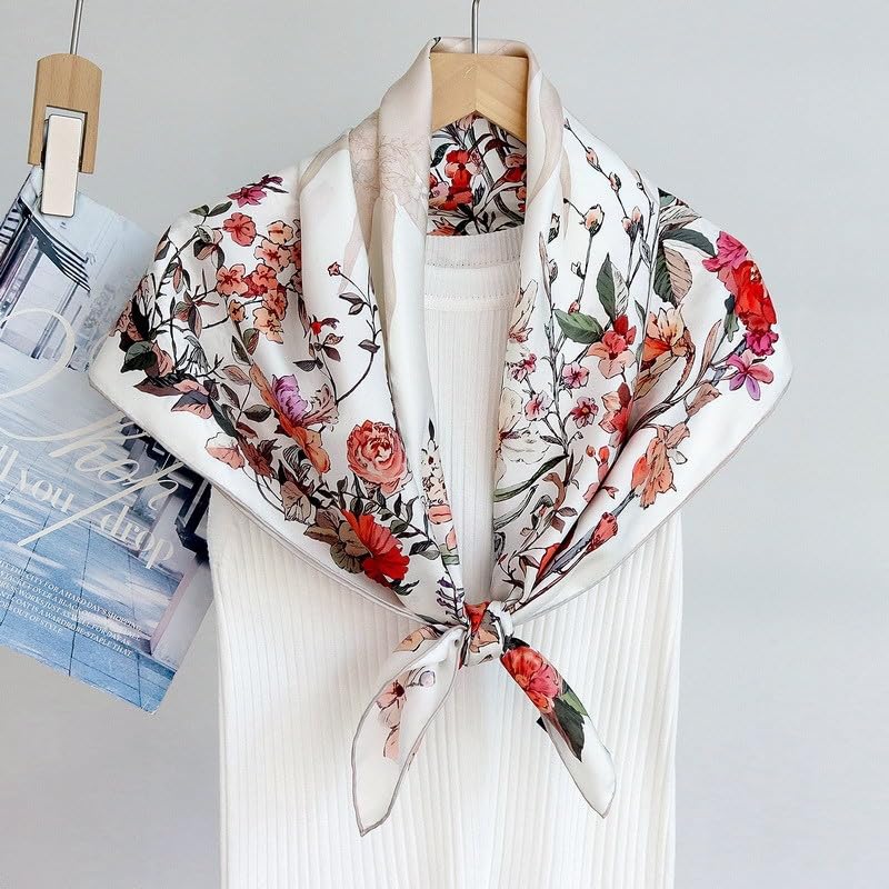 100% Pure Mulberry Silk Scarf 35" Large Square Lightweight Headscarf –Women’s Hair Wraps-With Gift Packed - color: Floral-white-twill