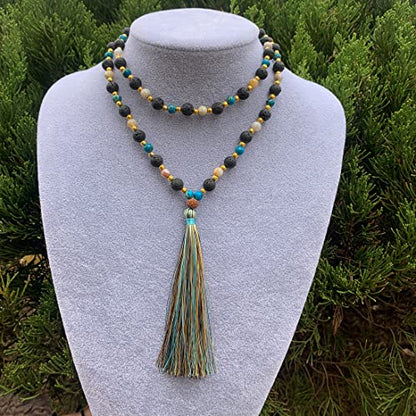 YGLINE Chakra 108 Mala Beads Bracelet Real Healing Gemstone Yoga Meditation Hand Knotted Mala Prayer Bead Necklace - color: Lava Stone