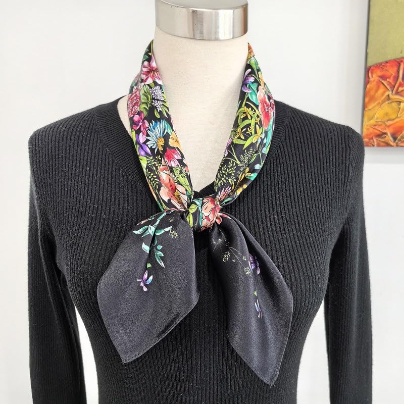 ANDANTINO 100% Mulberry Silk Square Scarf for Hair-25.6" X25.6'' Women Men Natural Silk Neckerchief Digital Printed Headscarf - color: Floral-black