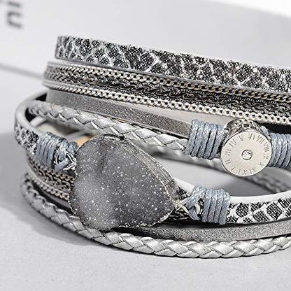 Artilady Leather Wrap Bracelets for Women - Pearl Bracelets Handmade Clasp Bangle Bracelet with Beads Jewelry Gift for Women and Mother - style: Grey with druzy