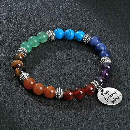 Top Plaza 7 Chakra Stone Bead Bracelets Yoga Reiki Healing Crystals Gemstone Beaded Bracelet Friendship Inspirational Message Charm Bracelet for Women Men - color: Keep going