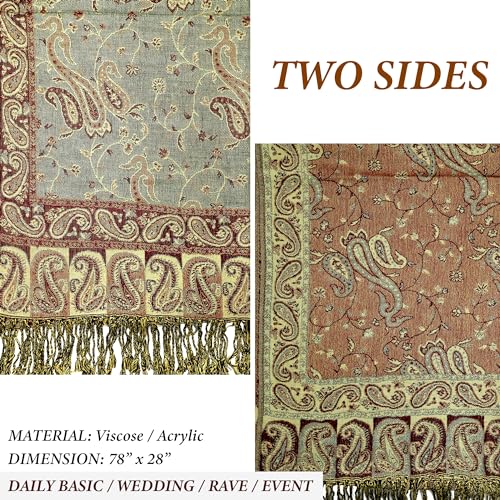 Achillea Reversible Paisley Pashmina Rave Scarf – Exotic Indian Shawls and Wraps for Evening Dresses, Festivals, All Seasons - color: Sage Green