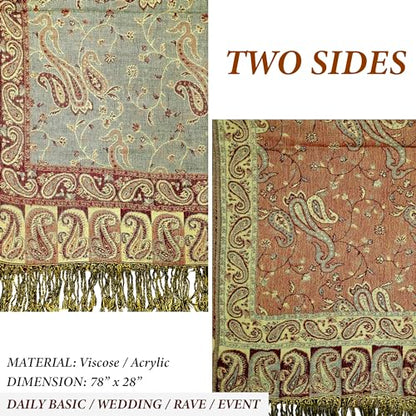 Achillea Reversible Paisley Pashmina Rave Scarf – Exotic Indian Shawls and Wraps for Evening Dresses, Festivals, All Seasons - color: Sage Green