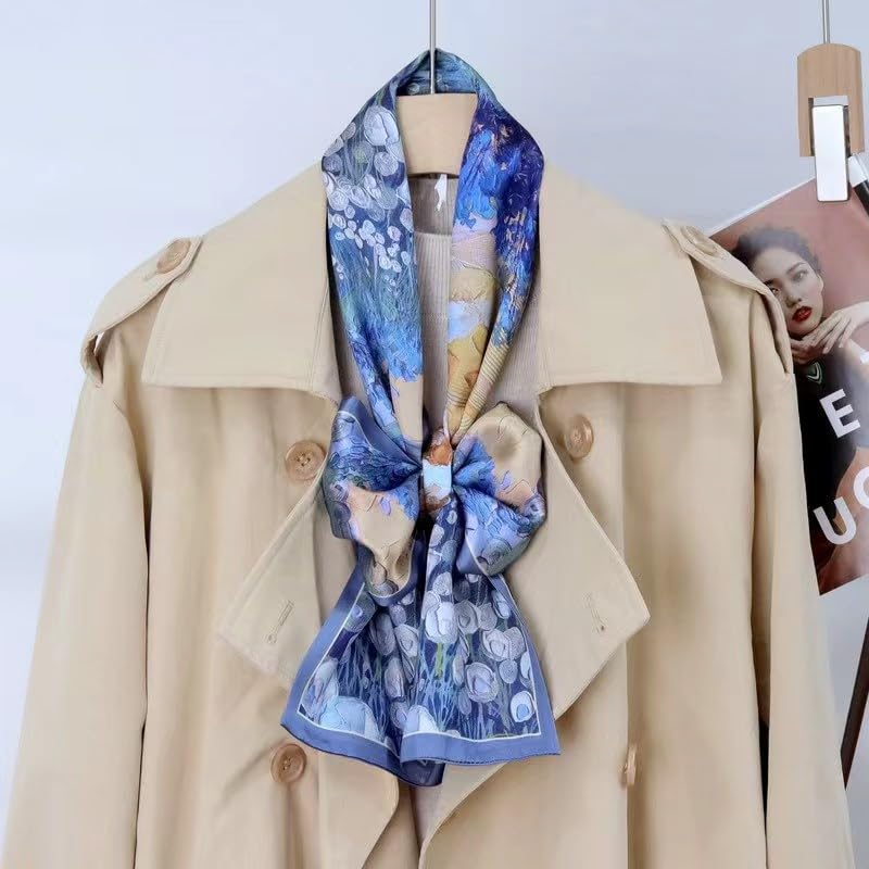 ANDANTINO 100% Silk Scarf for Women 59”*6.3” Long Shawls for Headscarf and Neck- Oblong Hair Wraps with Gift Packed - color: Oil Painting-blue