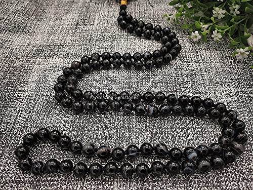 Amazing Gemstone Japa Mala 108 Prayer Beads Necklace and Wrist Mala Bracelet for Meditation - color: Black Banded Agate, size: Hand Knotted