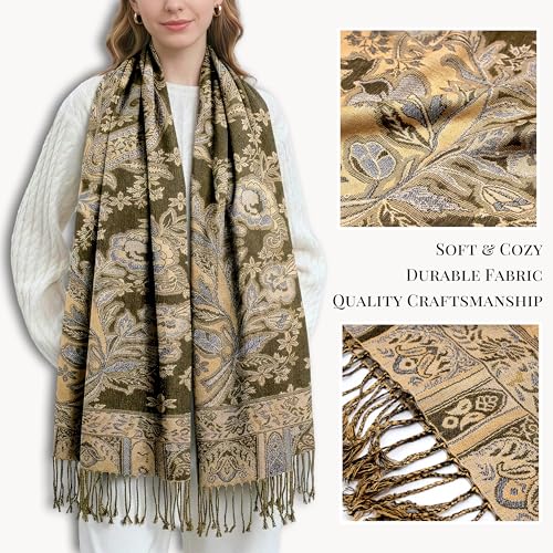 Achillea Elegant Paisley Floral Pashmina Shawl and Wrap – Boho Rave Scarf for Festival, Travel & Everyday Wear - color: Olive Green