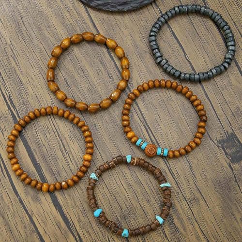 Puka Shell Bracelet for Men Wooden Bracelets Turquoise Stack Beaded Minimalist Trendy Jewelry for Friend Gift - style: 5pcs-Blue Brown