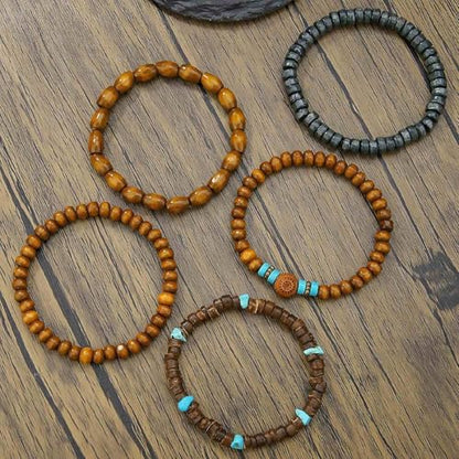 Puka Shell Bracelet for Men Wooden Bracelets Turquoise Stack Beaded Minimalist Trendy Jewelry for Friend Gift - style: 5pcs-Blue Brown
