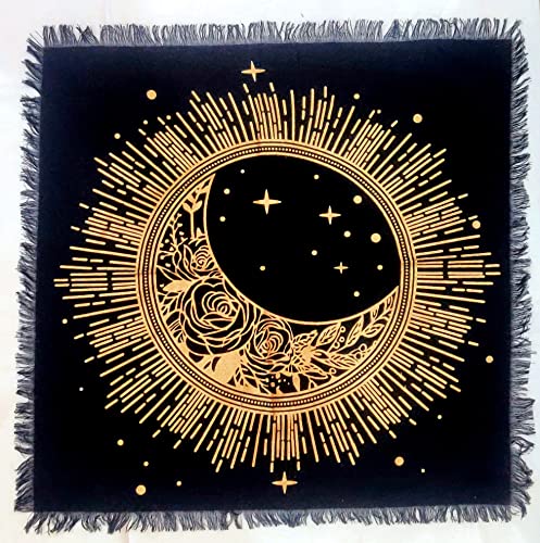 INDACORIFY Moon Altar Table Top Cloth with Fringes Alter Tarot Witchcraft Spread Meditational Spiritual Sacred Cloth 18x18 in (Gold Flower Moon Star) - color: Gold Flower Moon Star