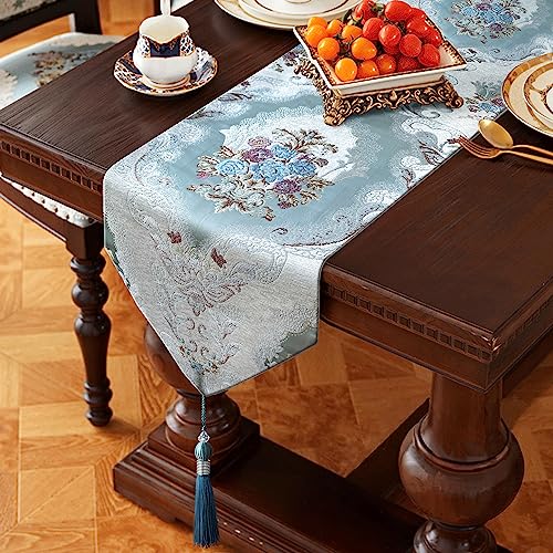 HeMiaor Elegant Table Runner Thick Chenille and with Delicate Tassel for Daily Classic Decoration Light Blue Gorgeous Flower Pattern 13x60 Long - color: Blue, size: 13x60"