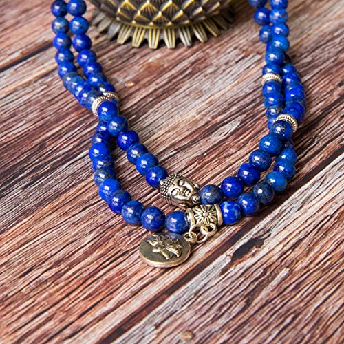 Bivei 108 Mala Beads Necklace Long Beaded Wrap Bracelets Genuine Gemstone Mala Prayer Beads Lotus Buddha Charm Yoga Meditation Necklace - color: Lapis Lazuli-Lotus OM-Buddha