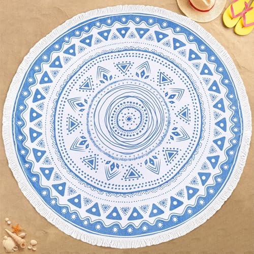 VOOVA & MOVAS Boho Round Beach Towel with Tassels, 59 Inch 100% Cotton Ultra Soft Absorbent Quick Dry, Oversized Blue White Fringed Towel for Pool Yoga Picnic Camping Outdoor Decor Gift - color: Blue/White, size: 59" Round - Universal