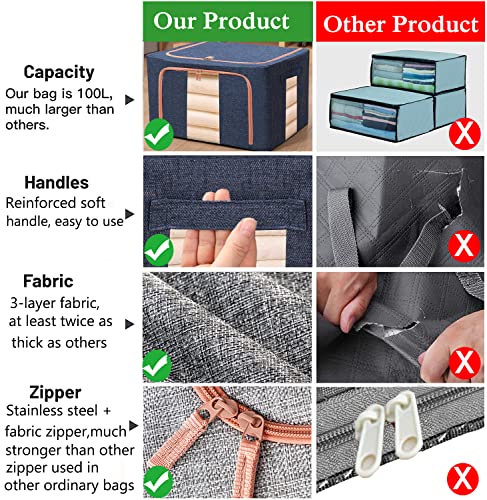 Large Capacity Clothes Storage Bags Stackable Storage Organizer with Foldable Metal Frame Zipper Handles Clear Window Storage Container Box for Blanket Sweater Comforter Pillow (100L Gray 2 Pack)