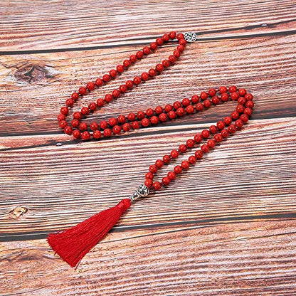 108 Mala Beads Necklace Semi-Precious Gem Stones Meditation Necklace 108 Hand Knotted Japa Mala Beaded Tassel Necklace with Tree of Life Pendant - color: Red Turquoise