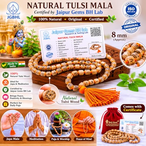 BRIJ HAAT Holy Basil Tulsi Wood Mala, 108+1 Beads, Hindu Japa Prayer Necklace for Meditation