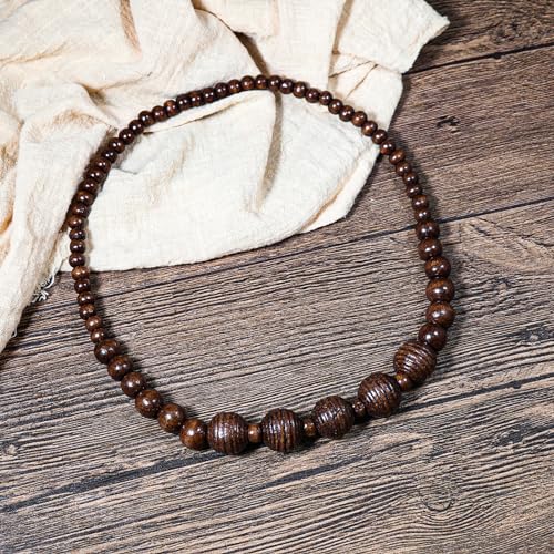 COLORFUL BLING Ethnic Natural Wood Beads Necklace for Men Women Africa Wooden Chain Chunky Strand Necklace Statement Hip Hop Jewelry - color: grooved dark