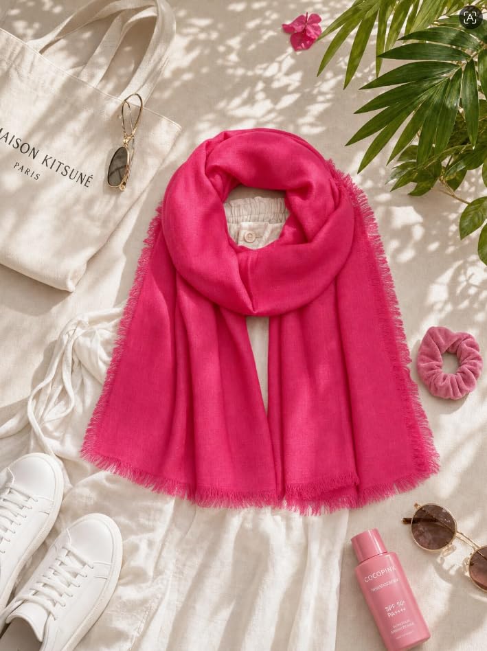 KVSS Women's Fine Knit Shawl, 55% Cashmere 45% Mulberry Silk, X Gauge 120/2NM Yarn Lightweight Spring Summer Wrap Scarf - color: Cerise