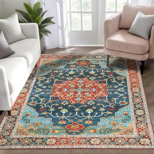 WILLSUN Washable Area Rugs, 3x5 Non-Slip Boho Large Area Rugs for Living Room, Bedroom, Machine Washable Vintage Rug, Indoor Floral Print Carpet for Home Decor, Kid & Pet Friendly Mat - color: Brick Red, size: 3' x 5' (Rectangular)