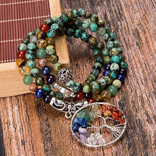 Bivei 108 Mala Beads Bracelet - 7 Chakra Tree of Life Real Healing Gemstone Yoga Meditation Mala Prayer Bead Necklace