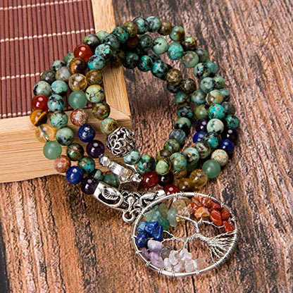 Bivei 108 Mala Beads Bracelet - 7 Chakra Tree of Life Real Healing Gemstone Yoga Meditation Mala Prayer Bead Necklace