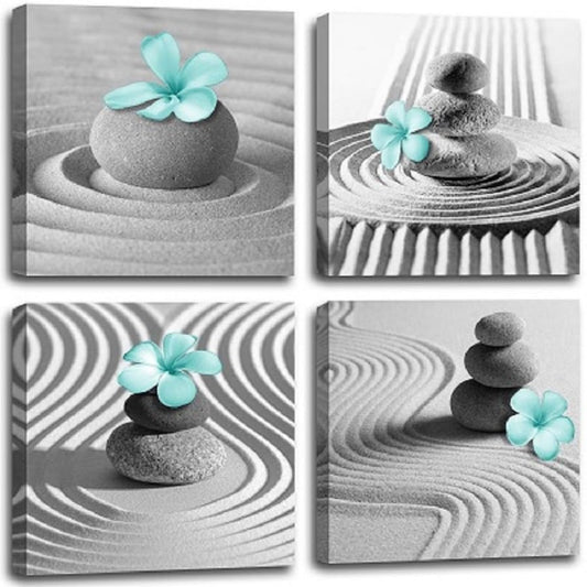Yxbhhym Gray Wall Art Zen Wall Art Teal Floral Paintings Black and White Decor Zen Stone Sand Pebble Canvas Flower Artwork for Wall Home Decoration Bathroom Wall Decor 12''x12''x4pcs - color: Teal Gray Wall Art, size: 12"L x 12"W x 4 pcs