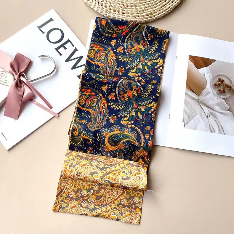 ANDANTINO 100% Silk Scarf for Women 59”*6.3” Long Shawls for Headscarf and Neck- Oblong Hair Wraps with Gift Packed - color: Gold&navy Paisley