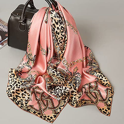 ANDANTINO 100% Silk Scarf 43" Large Square Lightweight Headscarf& Shawl–Women Hair Wraps-With Gift Packed - color: Leopard Print-pink