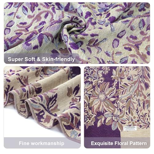 Silky Paisley Pashmina Shawl Scarf-Women's Soft Double-side Jacquard Pashminas Wrap for Evening Dress Travel Shawl - color: B-purple/Beige