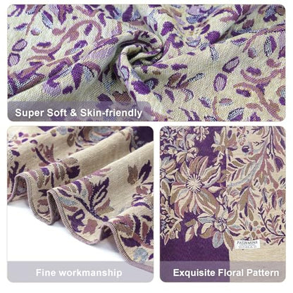 Silky Paisley Pashmina Shawl Scarf-Women's Soft Double-side Jacquard Pashminas Wrap for Evening Dress Travel Shawl - color: B-purple/Beige
