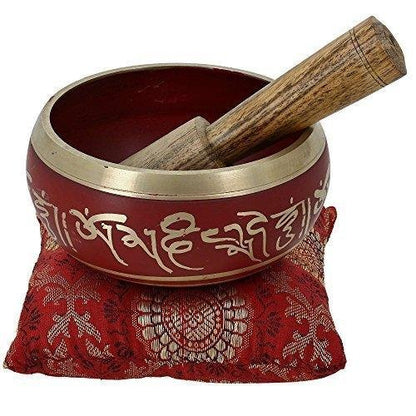 Purpledip Bell Metal Tibetan Buddhist Singing Bowl: Dhyana Musical Instrument Set For Meditation (10779) - style: Scripture design | 4 inches | Red
