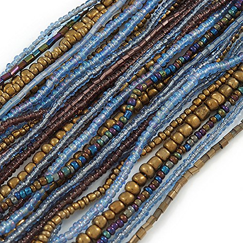 Avalaya Bronze/Light Blue/Purple/Peacock Glass Bead Multistrand Flex Bracelet With Wooden Closure - 19cm L