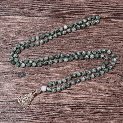 8MM Beads Chakra Long Mala Necklace Natural Stone Meditation Statement Necklace Japa Yoga Buddhist Rosary Prayer Charm Beaded Tassel Necklace - color: Green-spotted stone